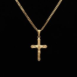 Jesus Cross Necklace Gold Plated Stainless Steel Pendant Fashion Religious Faith Necklaces Mens Hip Hop Jewelry2595