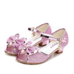 Sneakers Princess Kids Leather Shoes for Girls Flower Casual Glitter Children High Heel Girls Shoes Butterfly Knot Blue Pink Silver 231024