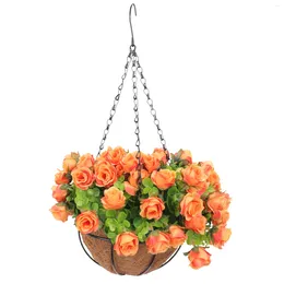 Decorative Flowers Artificial With Hanging Basket Rose/ Daisy In Lining Planter Plants Decor Tn