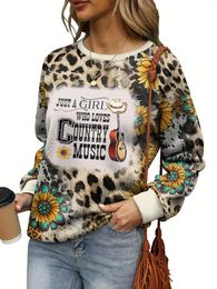 Women's Hoodies Plus Size Casual Sweatshirt Sunflower & Leopard Slogan Print Long Sleeve Crew Neck Slight Stretch Pullover Sweat