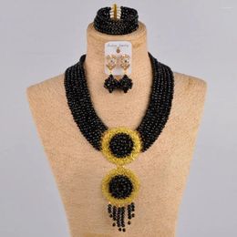 Necklace Earrings Set Black Tassel Crystal Wedding Dress Accessories Nigeria Fashion Jewelry Africa Bridal XK-33