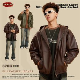 Jackets ZODF 2023 Winter Men PU Leather Jackets Unisex Loose Oversized High Street 370gsm Cotton Padded Hooded Zipper Coat HY0646 YQ231025