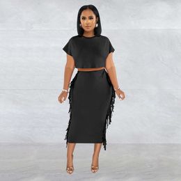 Clothing Women Suit Set Workwear Solid Round Short Sleeve Crop Tops Tassel Two Piece Bodycon Party Formal Long Dress Sets