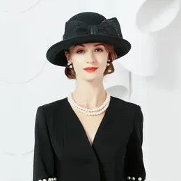 Berets Winter Autumn Wool Felt Hat Black Fedora For Womens Wide Brim Cloche With Bowknot Lady Chapeu Vintage Ladies Hats