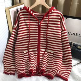 Women's Knits Autumn Winter Red Stripes Hooded Knit Cardigan Woman Korean Fashion Loose Casual Sweater Zipper Coat Oversized Long Sleeve Top