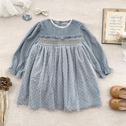 Girl Dresses Fashion Autumn Winter Baby Girls Blue Striped Dotted Birthday Suits Lacy Border Patchwork Causal Princess