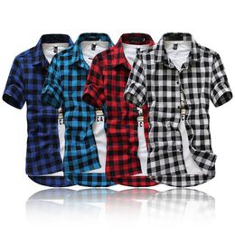 Men's Young Adult Casual Cotton Linen Plaid Button-up Short Sleeve Turn-Down Collar Slim Fit Student Shirt Top Outwear M-2XL 237w