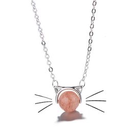 Cute Sterling Silver Women's Minimalist Peach Blossom Strawberry Crystal Cat Necklace Korean Version Small Fresh Short Collar Chain