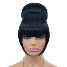 Synthetic Wigs Jeedou Spherical Updos Chignon With Bangs Clip In Hair Bun Pad Donut Rubber Band Hairpieces Black Color 231025