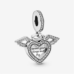 New Arrival Charms 925 Sterling Silver Heart and Angel Wings Dangle Charm Fit Original European Charm Bracelet Fashion Jewellery Acc302C