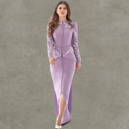 Elegant Lavender Straight Evening Dresses Front Button Long Sleeve Formal Gown Lace Appliques Satin Arabic Dubai Womens Evening Wears