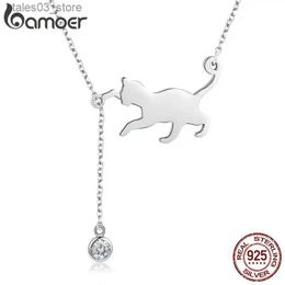 Pendant Necklaces BAMOER S925 Sterling Silver Cat Necklace Cute Silver Cat Pendant Collarbone Necklace for Women SCN232 3 Colours Q231026