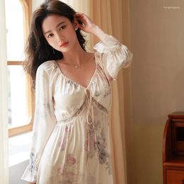 Women's Sleepwear French Autumn Long-sleeved Ice Silk Nightdress Fairy Pyjamas Thin V-neck Home Clothes Lace Sexy Sleep Dress Floral