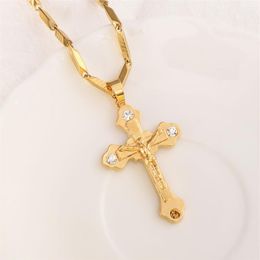 18 k Solid Fine Yellow Gold Cross Pendant Filled CZ Charms Lines Necklace Christian Jewelry Factory God gift230D