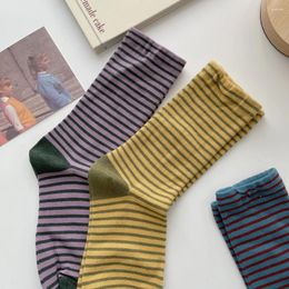 Women Socks 1 Pair Retro Striped Contrasting Medium Tube Spring And Autumn Cotton Stockings