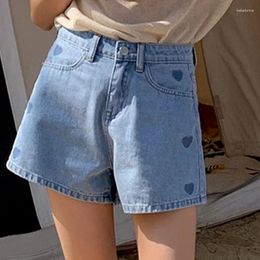 Women's Jeans Sweet Love Pattern Embroidery Denim Shorts Female Summer High Waist Wide Leg A-line Mini Short Harajuku Cyber Y2k