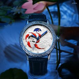 Wristwatches 2023 Automatic Mechanical Watch Men Waterproof Genuine Leather Chinese Style Diamond Wrist Watches