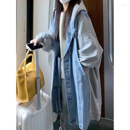 Women's Trench Coats Autumn Winter Jackets For Women Hooded Single Breasted Patchwork Denim Jacket Long Windbreaker Coat Clothing N45