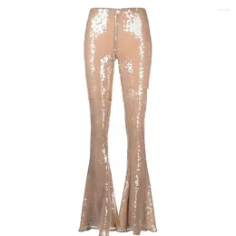 Women's Pants Designed See-through High Street Lady Stylish Trousers Elastic Waist Women Flared All-over Sequined Solid