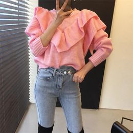 Women's Sweaters Woman Jersey 2023 Korean Casual Solid O-Neck Double Ruffles Latern Sleeve Oversized Female All Match Jumper YYQX099