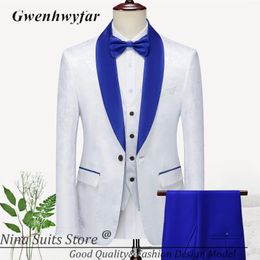 Men's Suits Gwenhwyfar Men White Luxury Floral Pattern Blazer Waistcost Royal Blue Pants 2023 3 Pieces Wedding Tuxedos Groom Wear