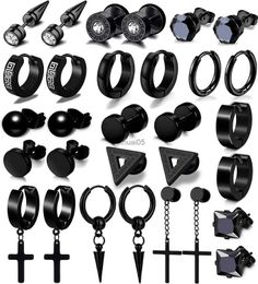 Stud 11/12/13/15/17 Pairs Black Earrings Set Stainless Steel Hoop for Men Gothic Cross Round Street Pop Hip Hop Ear Jewellery YQ231026