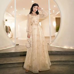 Ethnic Clothing Champagne Long Dress Elegant Temperament Cheongsam Sexy Women's Square Neck Prom Party Dresses Engagement Bridesmaid