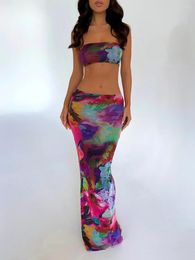 Skirts Women S 2 Piece Summer Outfits Sleeveless Tie Dye Print Tube Tops Long Bodycon Skirt Set