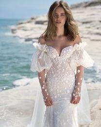 Long Sleeve Wedding Dresses Robe Mermaid de Mariage Off Shoulder Glitter Beads Lace Wedding Gowns Princess Vintage Bridal Dress