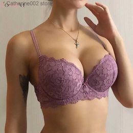 Bras Logirlve Hot Sexy Push Up Bra Deep V Brassiere Thick Cotton Women Underwear Lace Purple Embroidery Flowers Lingerie A B Cup Bras T231026