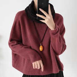 Winter Original Design New Literary Women's Loose Large Size Warm Thick Alpaca Stitching Turtleneck Sweater