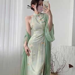 Ethnic Clothing Summer Women Sleeveless Sexy Split Qipao Elegant Print Flower Chinese Dress Retro Traditional Oriental Cheongsam
