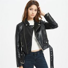 New Autumn Women Pu Leather Jacket Woman Zipper Belt Short Coat Female Black Punk Bomber Faux Leather Outwear288F