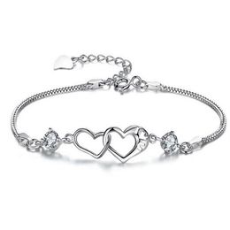 Double Heart Twine Charms Bracelet White Crystal Bracelets & Bangles For Women Silver color plated Jewelry Bileklik Pulseira296r