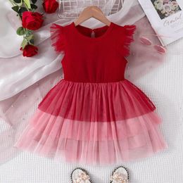 Girl Dresses 2023 Summer Arrival Girls Sleeveless O Neck Ruffles Mesh Red Cute Roupa Infantil Menina Party Dress Custume 4-7T