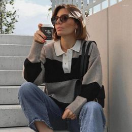 Women's Sweaters 2023 Autumn And Winter Women Color-blocked Casual Lapel Striped Pullover Knitted Top