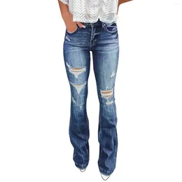 Women's Jeans Hole Tassel VintagePants Button High Waist Flare Leg Classic Stretchy Bell Bottom Denim Jean Pants For Women