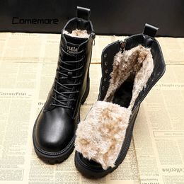 Boots Comemore Black Leather Boot Ankle Booties Plush Warm Platform Shoe Fashion British Style Botas Winter Furry Women Shoes 40 231026