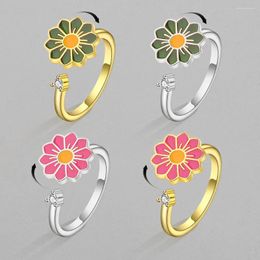 Cluster Rings Literary Flower Opening Rotating For Women Trend Niche Four-Color Design Ring Adjustable Jewelry Gift