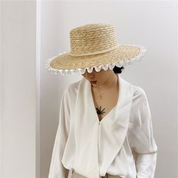 Wide Brim Hats Wheat Straw Hat Women Beach Summer Pearl Hemming Pleated Ruffle Lace Elegant Korean Fashion Visor Luxury CapWide