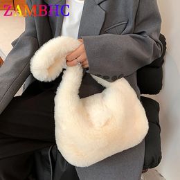 Evening Bags Faux Fur Women's Underarm Bag Luxury Furry Plush Shoulder Bags for Women Winter Fashion Female Half Moon Bag Brand Handbags 231026