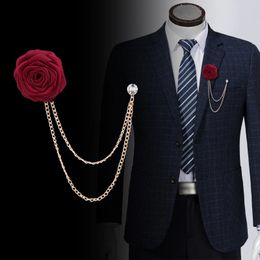 Pins Brooches Korean Bridegroom Wedding Brooches Cloth Art HandMade Rose Flower Brooch Lapel Pin Badge Tassel Chain Men's Suit Accessories 231025