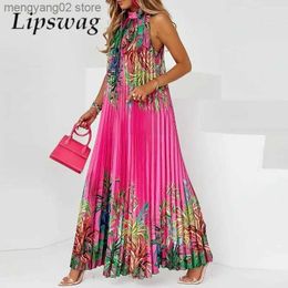 Basic Casual Dresses Lady Casual Loose Halter Pleated Maxi Dress Women Fashion Leaf Print Sleeveless Beach Boho Dress Elegant Halter Long Party Dress T231026