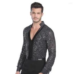 Stage Wear MEN Dance Waltz Ballroom Long Shirt Garment Performance Latin Man Shirts Top Lace Black