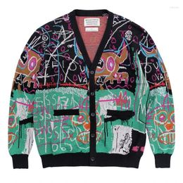 Men's Sweaters Fashion V-Neck WACKO MARIA Cardigan Coat Men Women 1:1 Graffiti Jacquard Casual Loose Pocket Button High Street Knitted