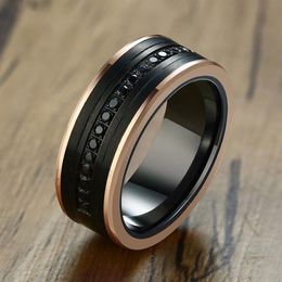 8MM Tungsten Carbide Men Eternity Rings Two Tone Luxury Black CZ Stone Rose Gold Side Wedding Band Men Super Jewellery C18122801262H