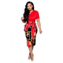 Women Elegant Office Midi Dresses Ladies Bodycon Print Chain Short Sleeve Belt O-Neck Female Fashion Sexy Work Summer Pencil Dress222x