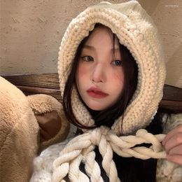 Berets Handmade Winter Knitted Hat Wool Thicken Korea Lace Up Skullie Cotton Blends Hooded Balaclava Scarf Set Cap Accessories