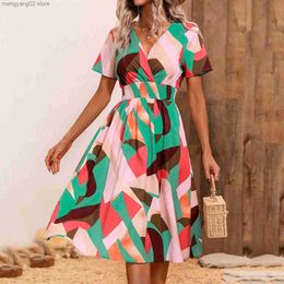 Basic Casual Dresses Women Summer Dresses 2023 Casual V Neck Floral Print Tunic Boho Beach Dress Short Sleeve A Line knee-length Sundress Robe T231026