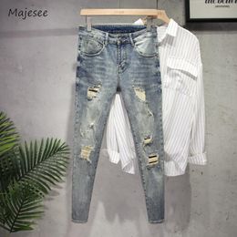 Men's Jeans Hole Pencil Men Mid Waist European Style Retro Slim Frayed All-match High Street Hip Hop Autumn Daily Fashion 2023